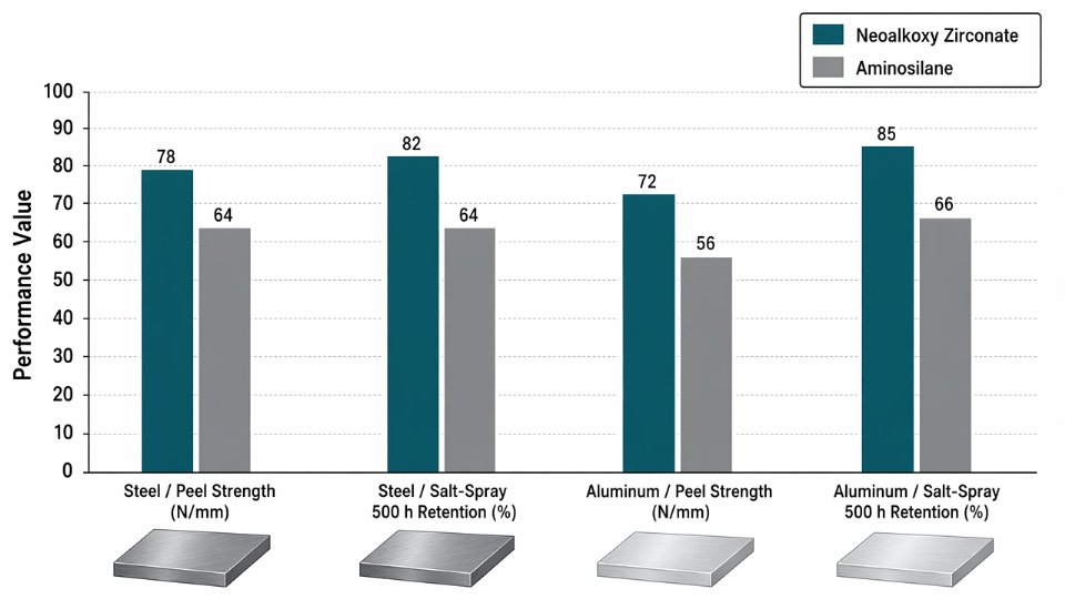 Grouped bar chart comparing peel strength and salt-spray adhesion retention of zirconate versus aminosilane primers on mild steel and aluminum substrates