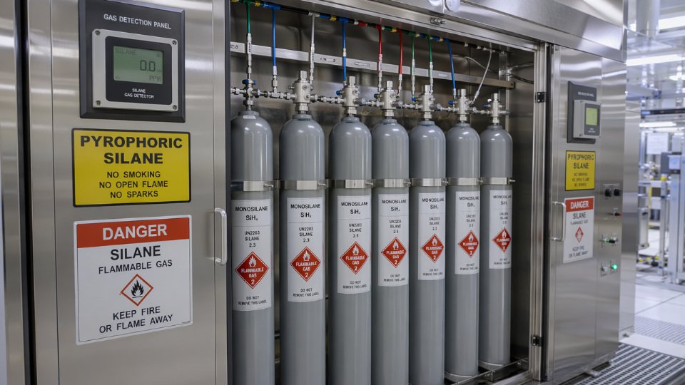 High-pressure silane gas cylinders in a semiconductor fab gas cabinet with labeled piping and safety monitoring equipment