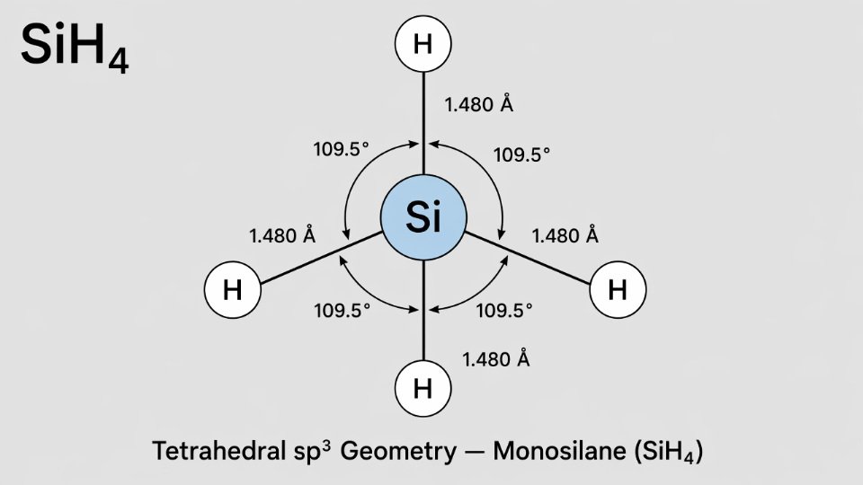 Clean vector diagram of SiH4 tetrahedral sp3 molecular geometry with labeled bond angles and bond lengths