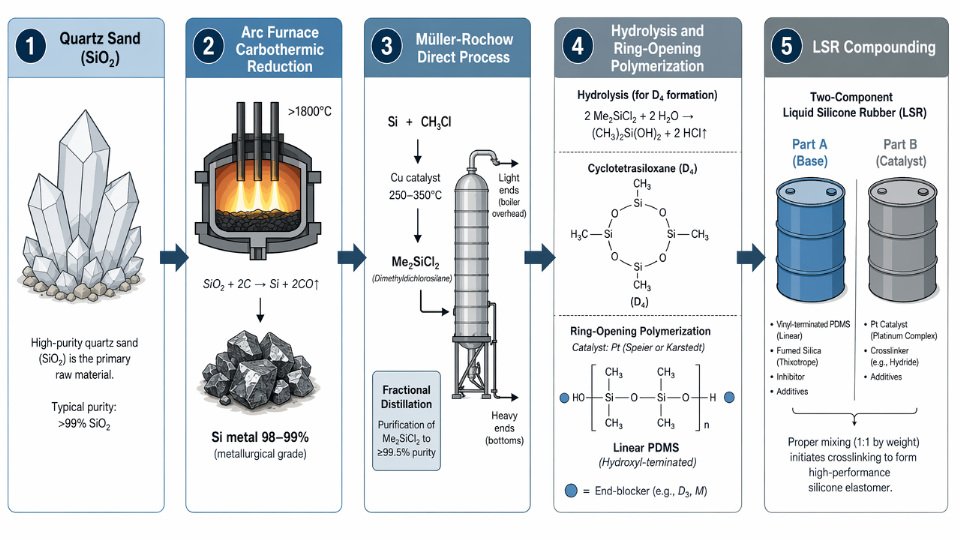 Flat vector process flow diagram illustrating the synthesis pathway from quartz sand through chlorosilane production to PDMS polymerization and LSR compounding