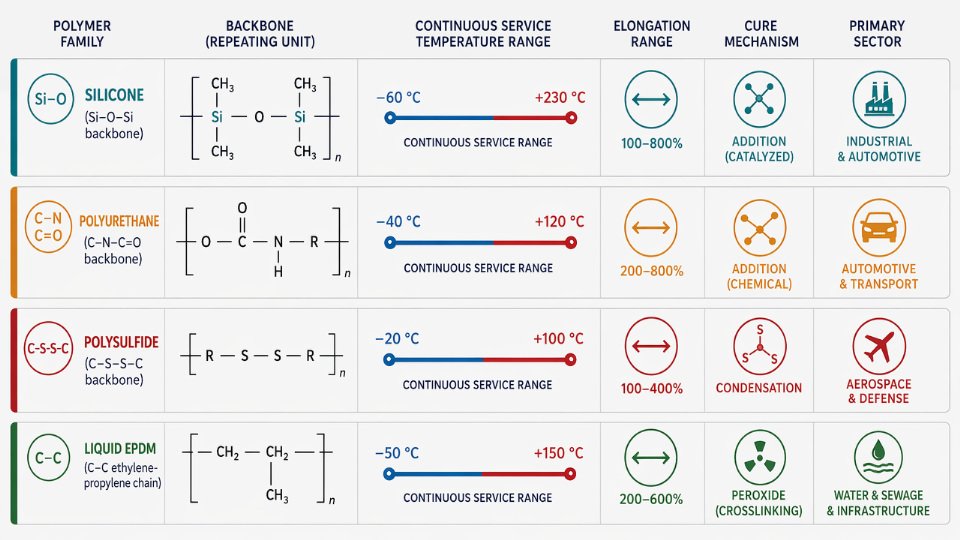 Flat vector comparison diagram of four liquid rubber polymer backbones showing silicone, polyurethane, polysulfide, and EPDM chemical structures alongside key performance parameters