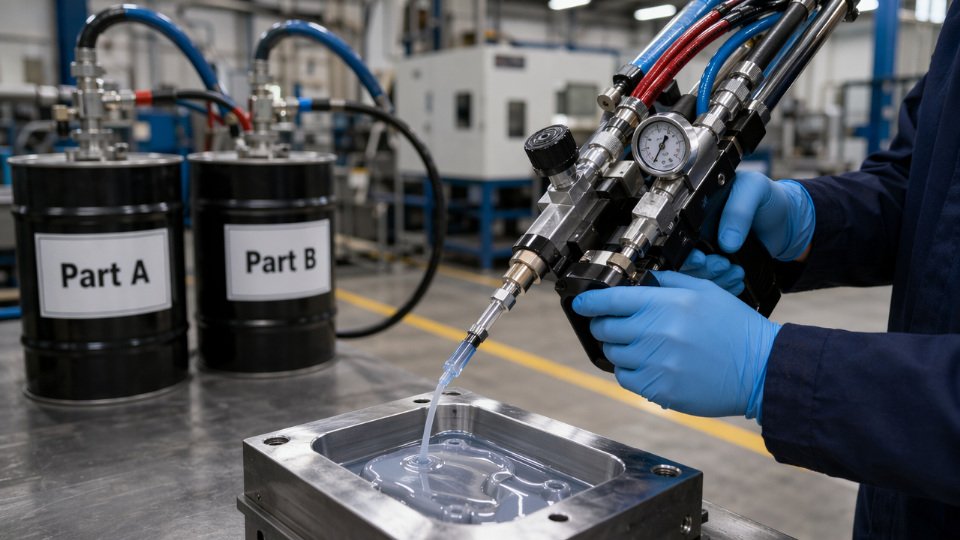 Industrial worker dispensing liquid silicone rubber from a two-component metering system onto a production line