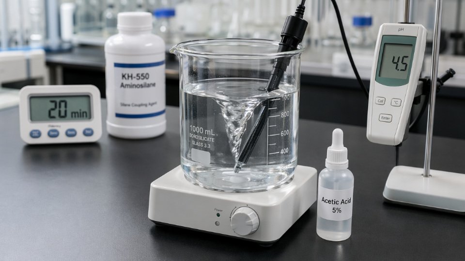 Close-up of aqueous silane hydrolysis solution preparation showing pH meter reading and magnetic stirrer in laboratory setting