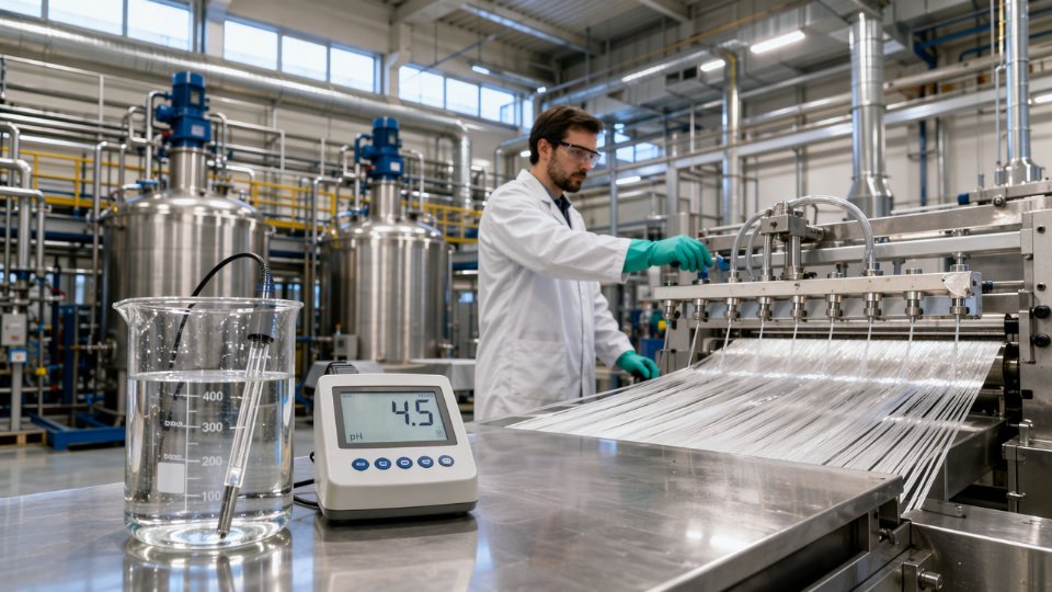 Industrial technician applying silane coupling agent solution to glass fiber in a production environment