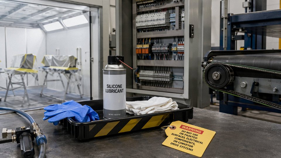 Silicone spray controlled near paint, electrical, and friction-sensitive industrial equipment