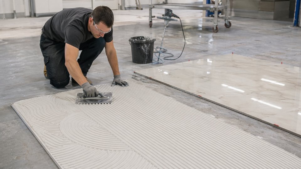 Installer applying adhesive to the back of a large-format porcelain slab on a commercial job site