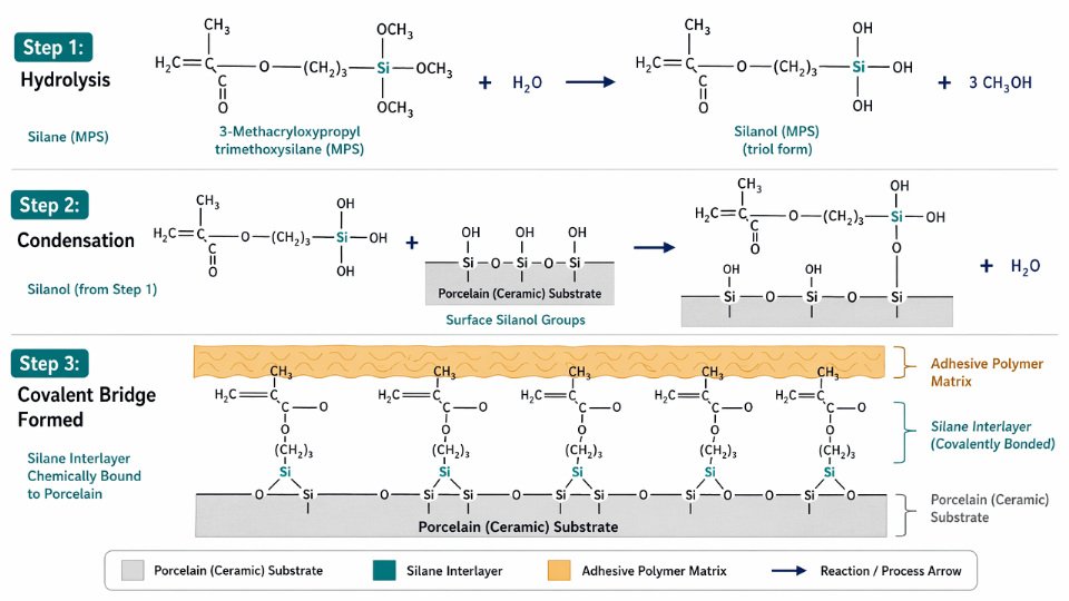 Step-by-step engineering diagram showing [silane coupling agent](https://siliconchemicals.com/silane-coupling-agents/) hydrolysis and condensation bonding mechanism at a porcelain surface