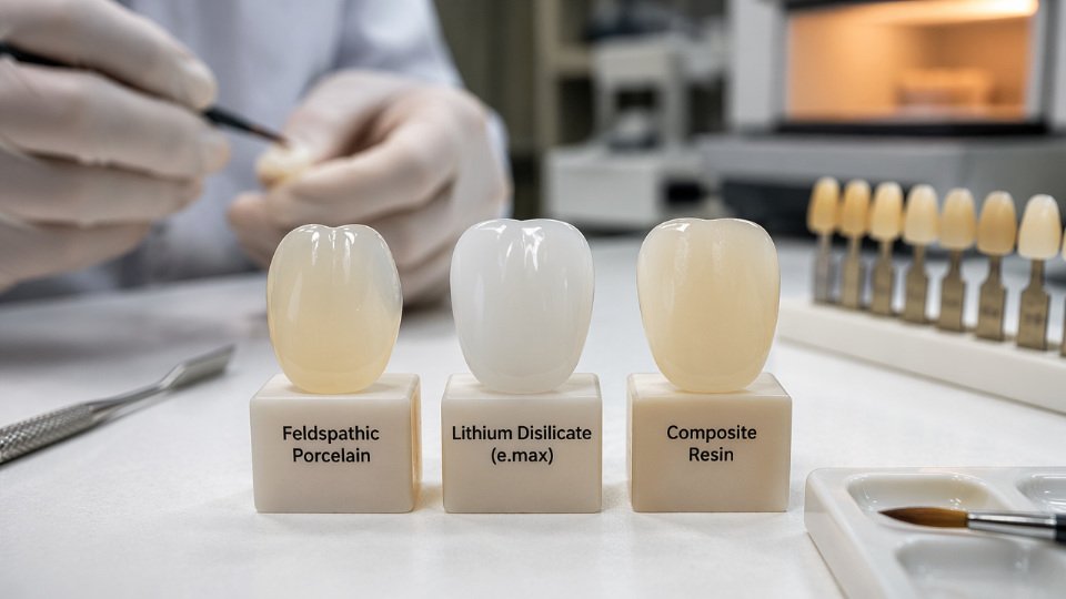 Close-up of feldspathic porcelain, lithium disilicate, and composite resin veneer samples arranged on a dental lab workbench