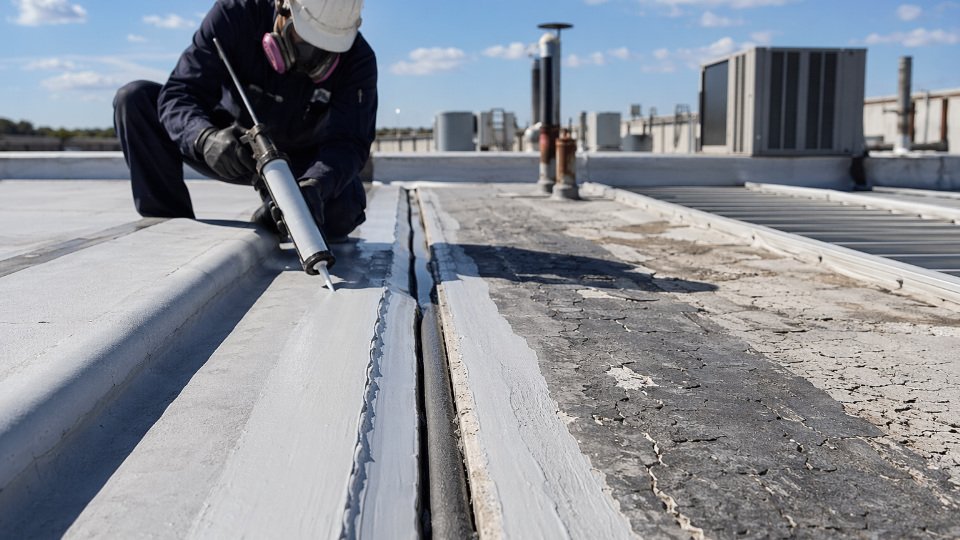 Industrial rooftop membrane installation showing silicone coating being applied over an expansion joint