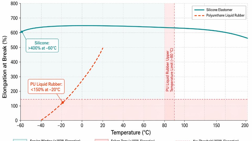Engineering comparison chart showing elongation-at-break versus temperature for silicone elastomer and polyurethane liquid rubber from -60°C to +200°C