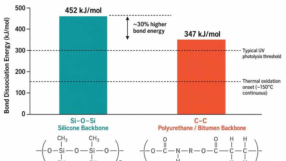Molecular bond energy comparison diagram showing Si-O backbone at 452 kJ/mol versus C-C backbone at 347 kJ/mol with annotated degradation thresholds