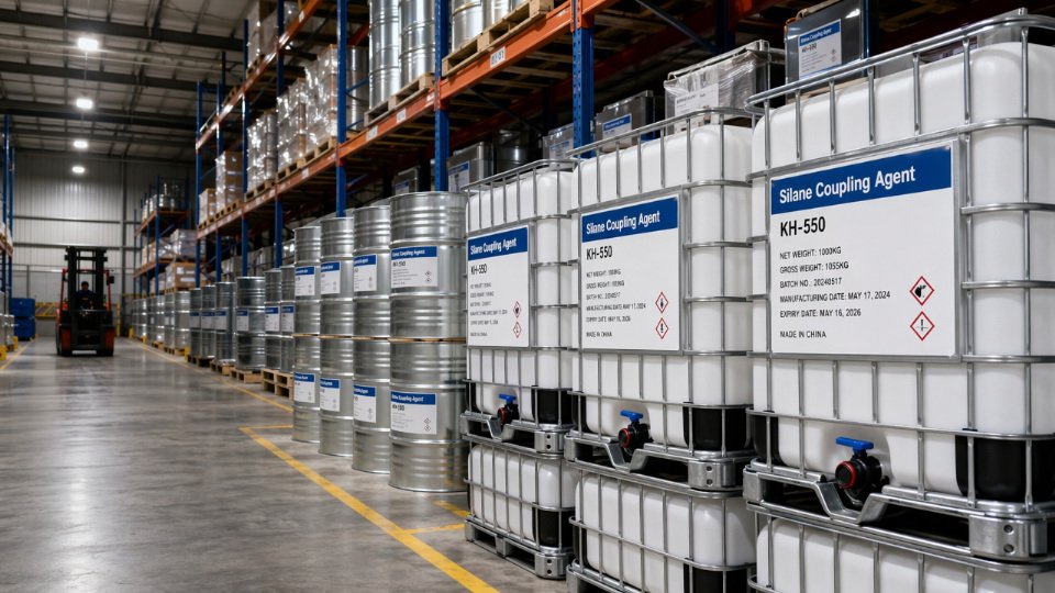 Rows of 1000 kg IBC totes and 200-litre steel drums of silane coupling agent staged in an industrial chemical warehouse