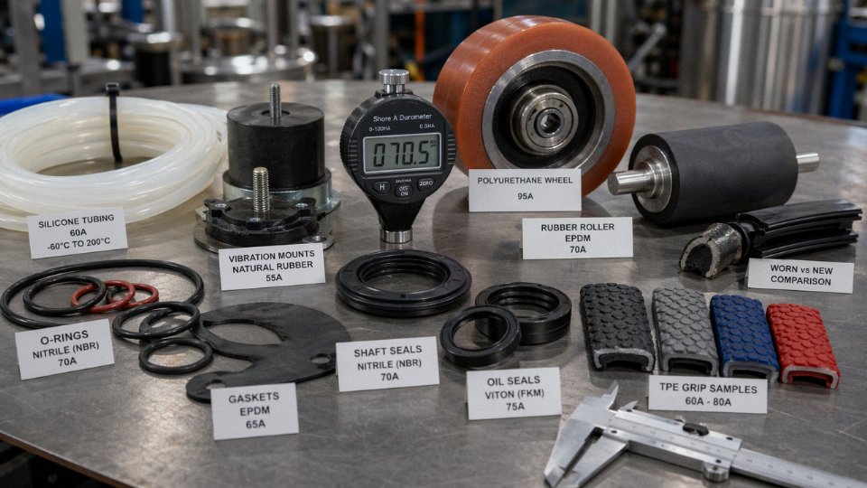 Industrial elastomer samples and rubber-like parts on a workbench