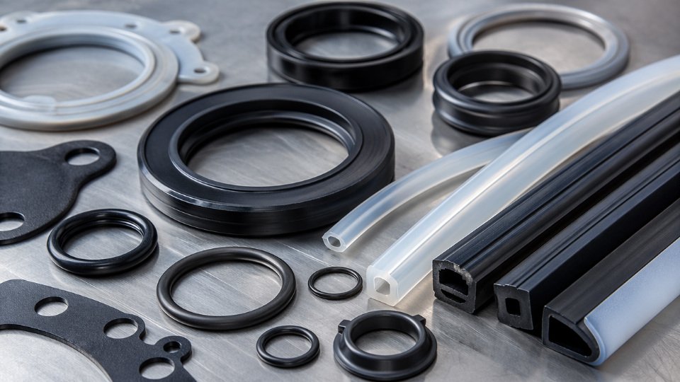 Assorted industrial rubber and elastomer seals, gaskets, and O-rings arranged on a metal workshop surface