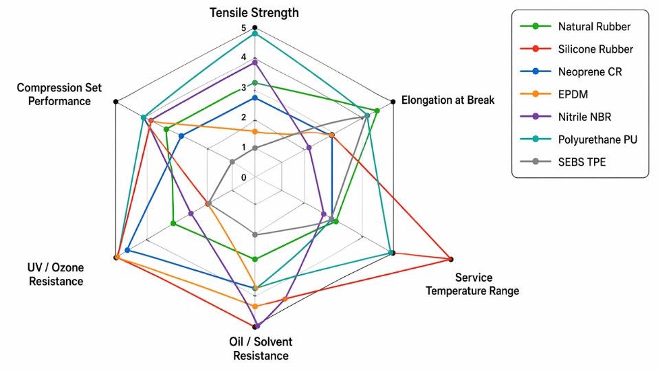 Radar chart comparing tensile strength, elongation, temperature range, oil resistance, UV resistance, and compression set for natural rubber, silicone, neoprene, EPDM, nitrile, polyurethane, and SEBS TPE