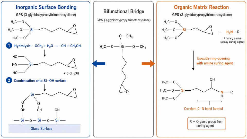 Flat vector diagram showing the two reaction pathways of GPS epoxysilane: hydrolysis and condensation onto an inorganic glass surface on the left, and epoxide ring-opening reaction with an amine curing agent on the right