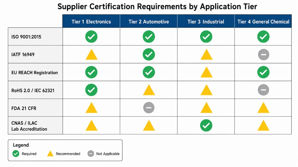Flat vector diagram mapping silane coupling agent supplier certification tiers from ISO 9001 through REACH, RoHS, and IATF 16949 by application sector