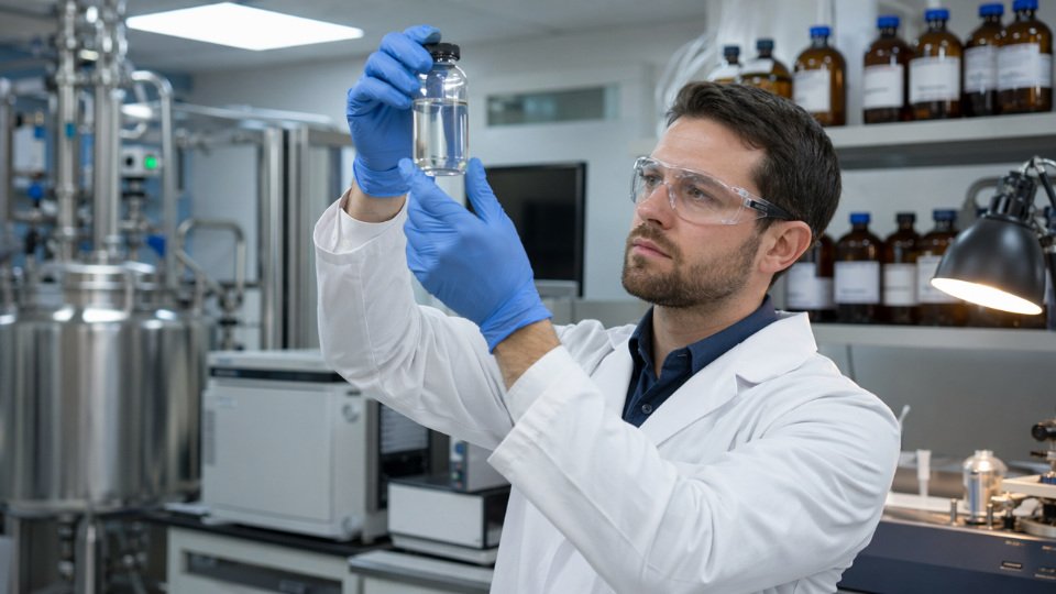 Quality control technician analyzing silane coupling agent samples in an industrial chemical laboratory