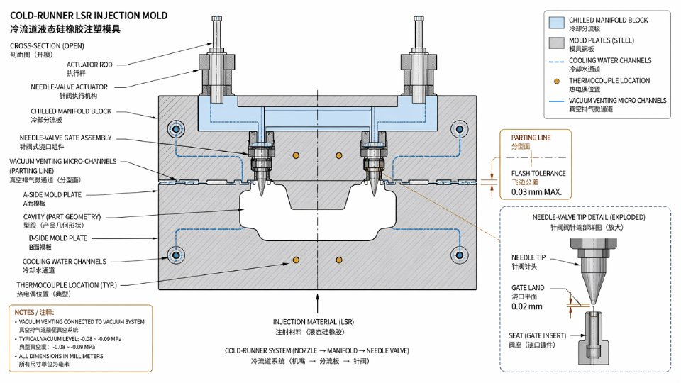 Cross-section engineering diagram of a cold-runner LSR injection mold showing manifold, needle-valve gates, cavity, and vacuum venting channels