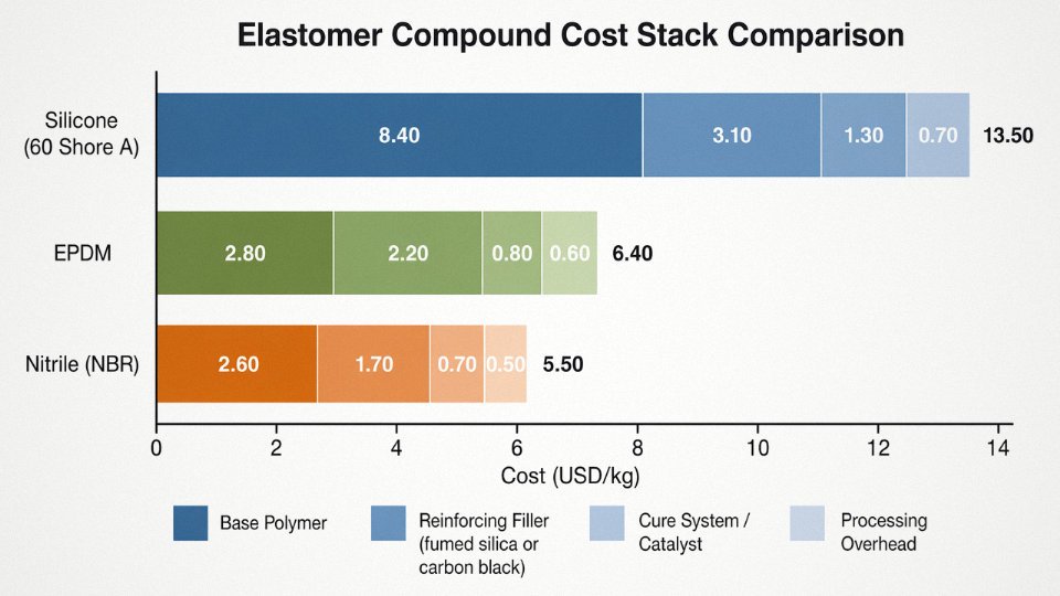 Stacked bar chart comparing total compound cost breakdown of silicone versus EPDM and nitrile rubber
