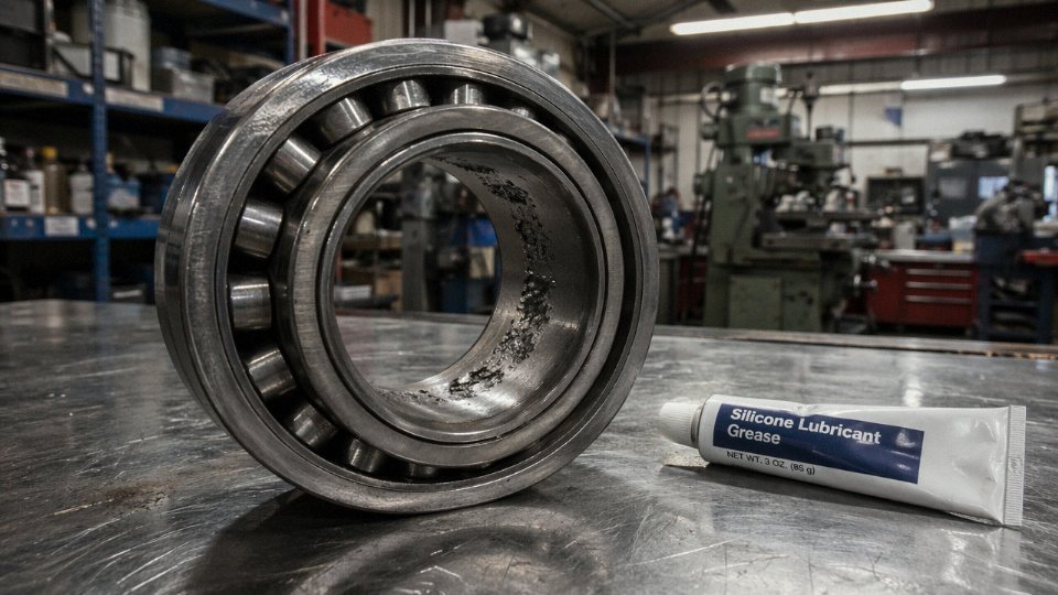 Industrial technician inspecting a failed roller bearing alongside a tube of silicone grease on a factory workbench