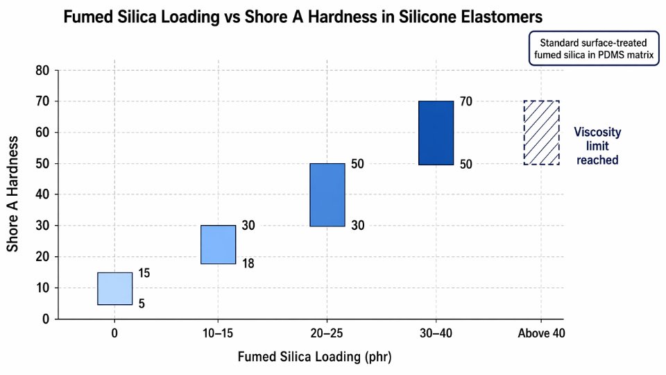 Bar chart showing the relationship between fumed silica loading in phr and resulting Shore A hardness range in silicone elastomers