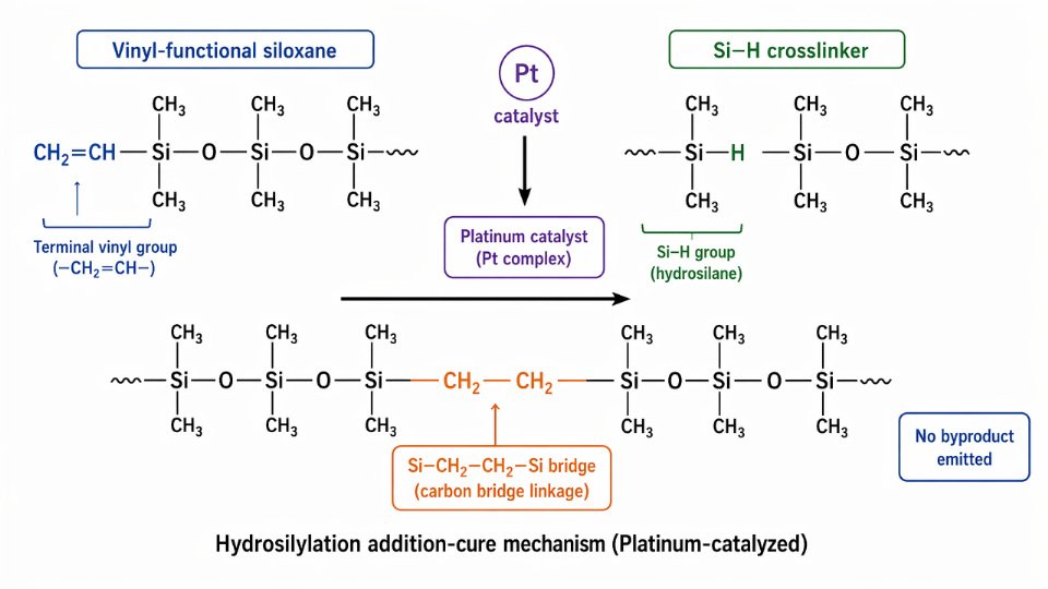 Flat vector diagram showing the hydrosilylation reaction between vinyl-functional siloxane and Si-H crosslinker in the presence of platinum catalyst