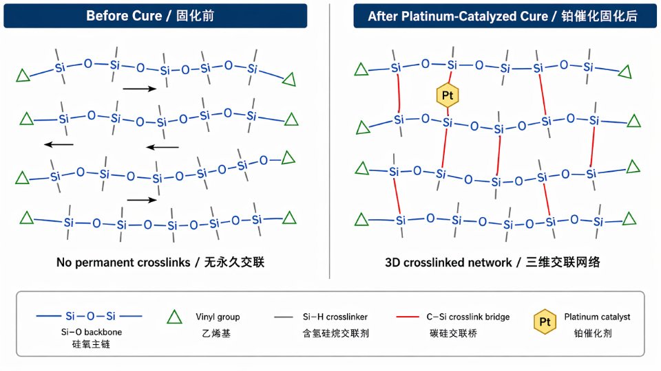 Engineering diagram comparing uncrosslinked PDMS polymer chains to a cured platinum-catalyzed crosslinked silicone network