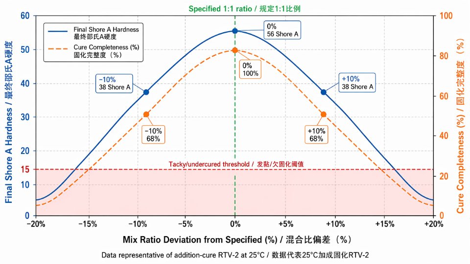 Engineering chart showing the effect of mix ratio deviation on RTV-2 silicone final hardness and cure completeness
