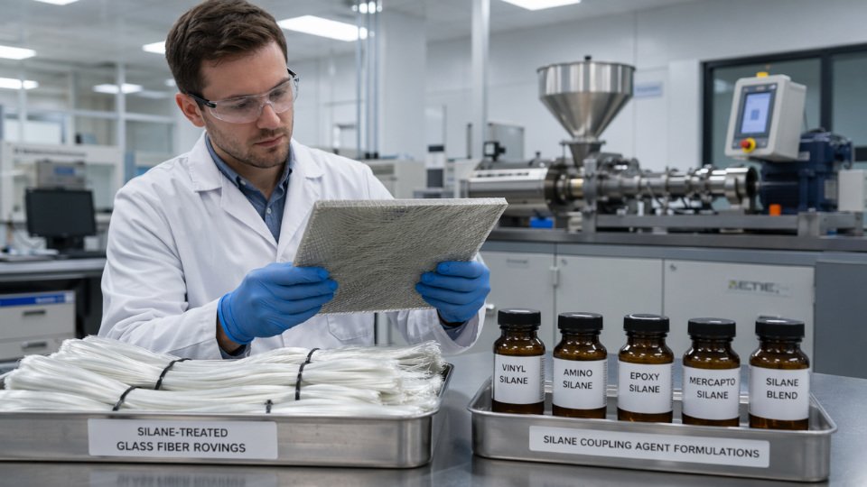 Researcher examining silane-treated glass fiber composite samples in an advanced polymer laboratory