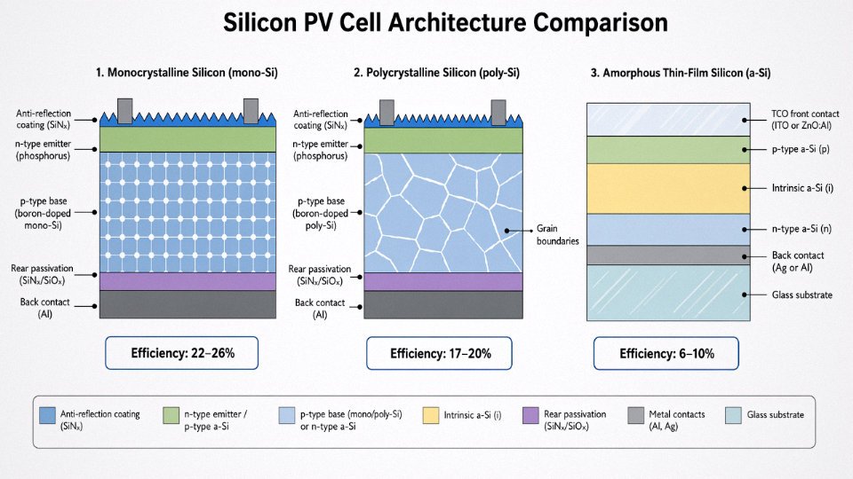Engineering diagram comparing monocrystalline, polycrystalline, and thin-film amorphous silicon PV cell architectures with labeled cross-sections and efficiency ranges