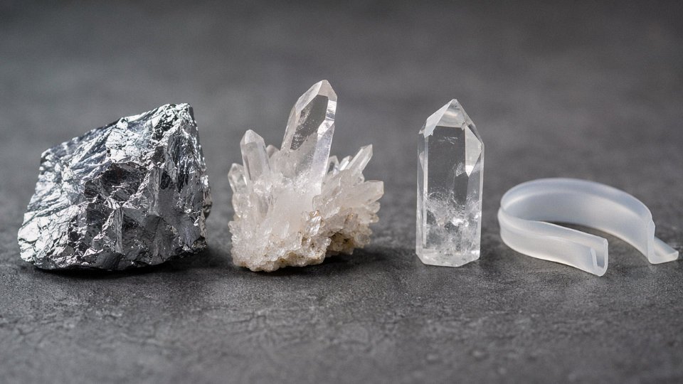 five-uses-for-silicon-06-faq-silicon-vs-silica-diagram-showing-elemental-silicon-chunk-quartz-crystal-and-silicone-polymer-strip-labeled-in-English