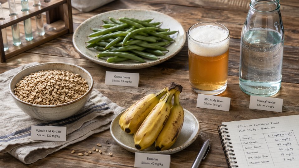 A spread of high-silicon foods including whole oat groats, green beans, bananas, and a glass of beer arranged on a wooden surface