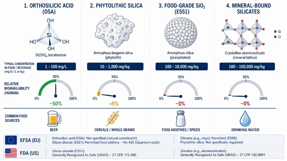Engineering diagram comparing four dietary silicon forms — orthosilicic acid, phytolithic silica, food-grade SiO2, and mineral silicates — by source, concentration, and bioavailability percentage