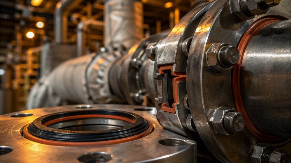 Close-up of silicone rubber seals and gaskets installed on industrial equipment in a high-temperature processing environment