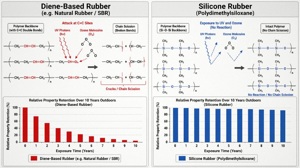 Side-by-side engineering diagram comparing UV and ozone degradation mechanisms in silicone rubber versus diene-based rubber at the molecular backbone level