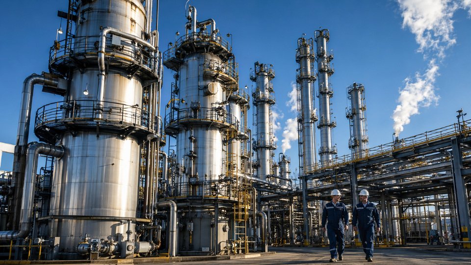 Industrial silane coupling agent production facility showing large-scale fluidized-bed reactors and distillation columns