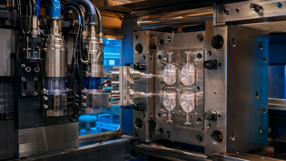 Liquid silicone rubber injection molding press dispensing two-part LSR into a multi-cavity tool on a factory floor