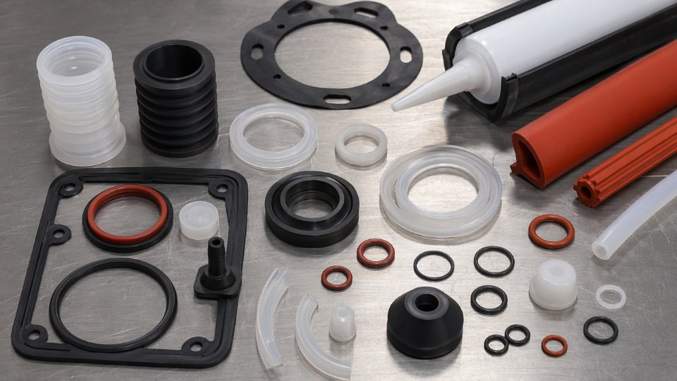 Assorted silicone rubber components including seals, gaskets, and o-rings laid out on an industrial workbench