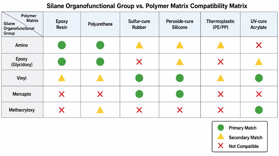 Flat vector chart mapping silane organofunctional groups to compatible polymer matrix systems