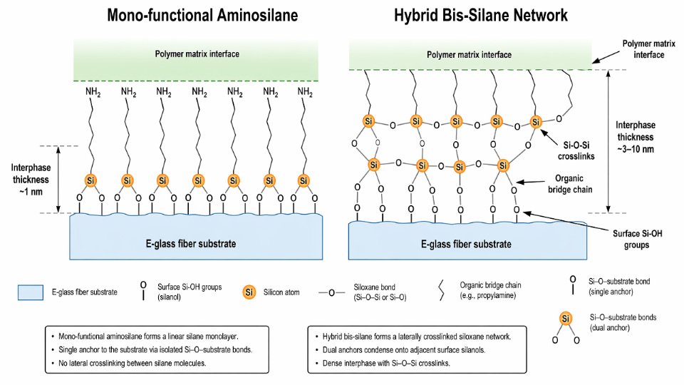 Engineering diagram showing cross-sectional molecular structure of bis-silane interphase network bonded to E-glass fiber surface versus mono-functional aminosilane monolayer