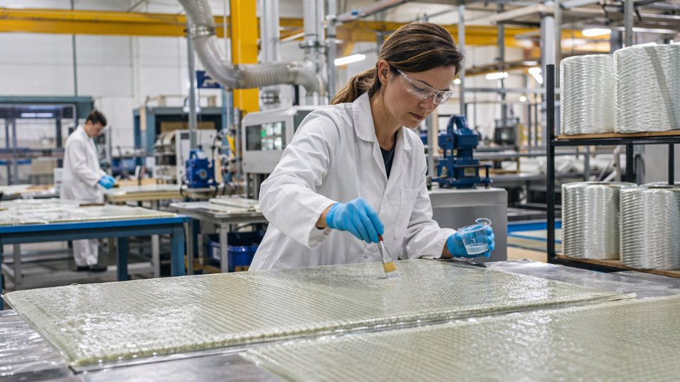 Industrial technician applying hybrid silane coupling agent to glass fiber composite panels in a manufacturing facility