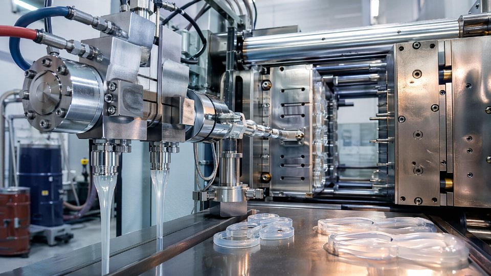 Liquid silicone rubber injection molding process in an industrial manufacturing facility