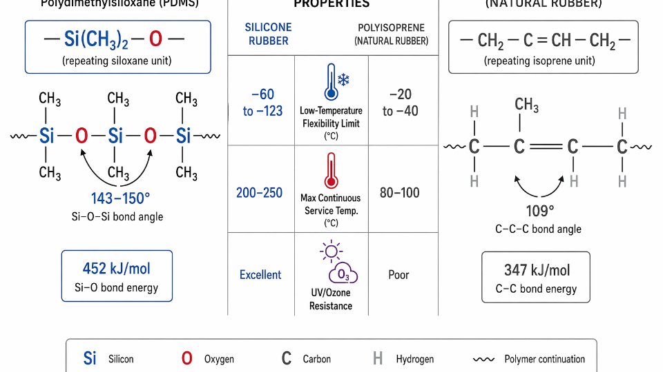 Side-by-side molecular structure diagram comparing the Si–O–Si backbone of PDMS with the C–C backbone of organic rubber