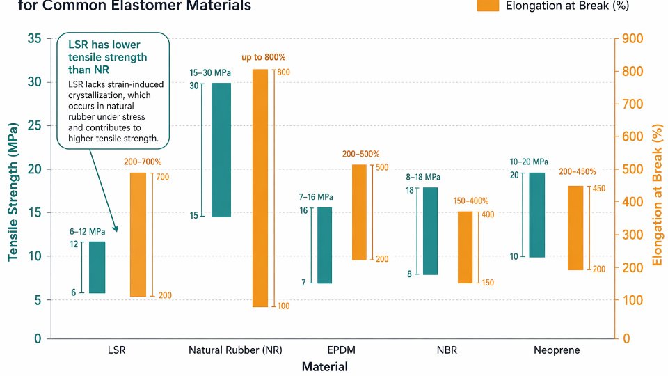 Bar and scatter chart comparing tensile strength and elongation at break for LSR, natural rubber, EPDM, NBR, and neoprene