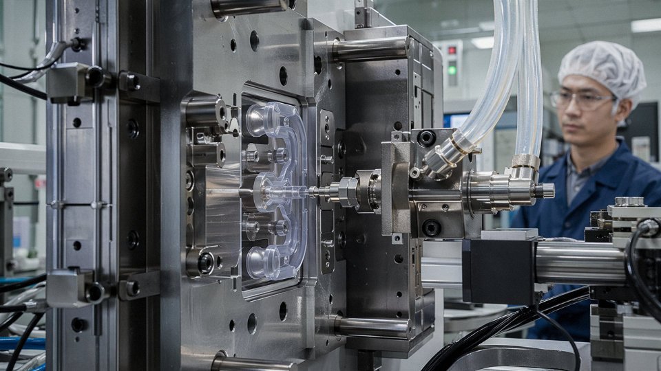 Liquid silicone rubber injection molding machine dispensing LSR into a precision mold on an industrial production line