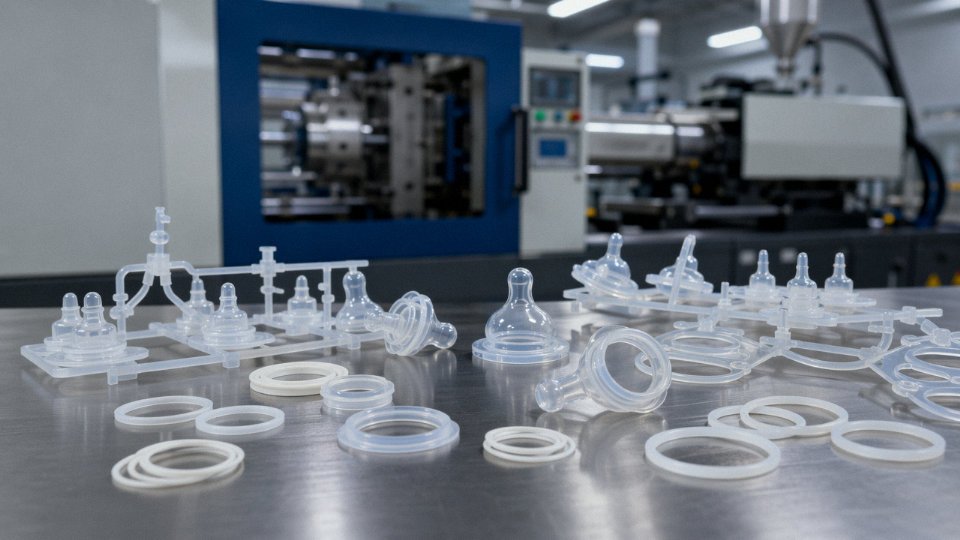 Translucent liquid silicone rubber components including medical seals and food-contact parts arranged on a clean industrial surface