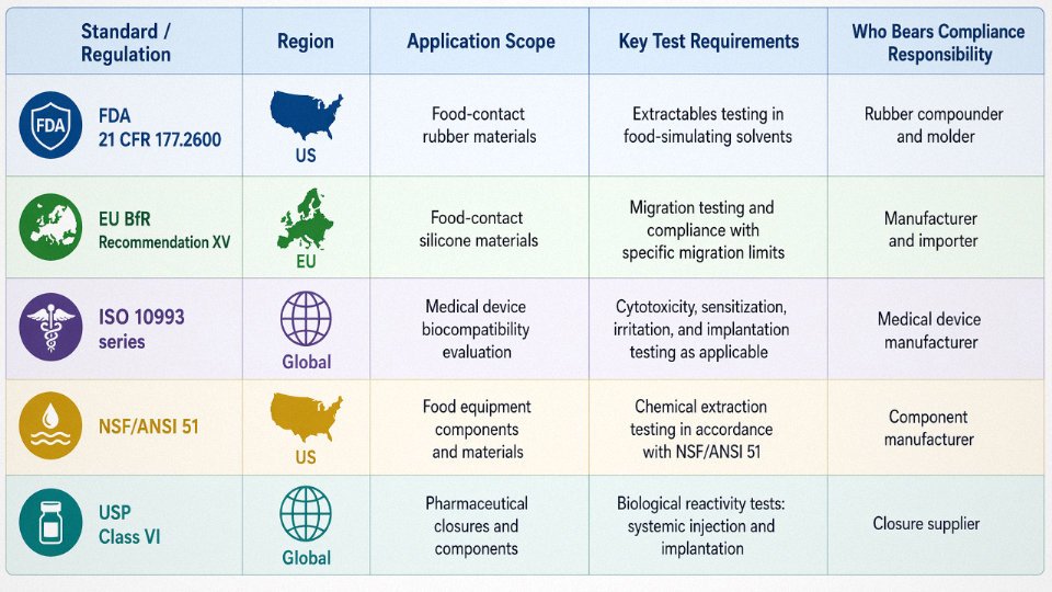 Comparison table diagram of LSR regulatory frameworks including FDA 21 CFR 177.2600, EU BfR XV, ISO 10993, and NSF/ANSI 51