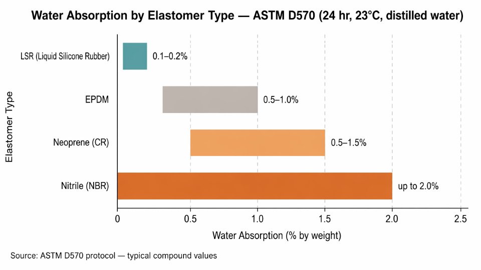 Flat vector bar chart comparing 24-hour water absorption percentages of LSR, EPDM, neoprene, and nitrile rubber under ASTM D570 test conditions