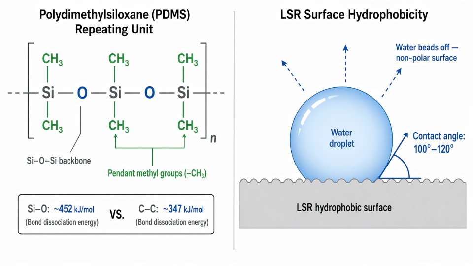 Engineering diagram showing the repeating Si–O–Si siloxane backbone of LSR with pendant methyl groups labeled, alongside a surface hydrophobicity illustration showing a water droplet contact angle above 90 degrees